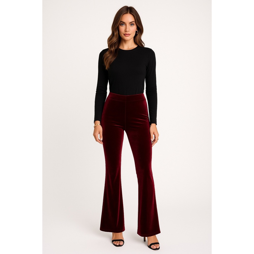 Y2K Velvet Pants Womens L Burgundy Bell Bottom Flare Pull On Stretch Lounge Glam